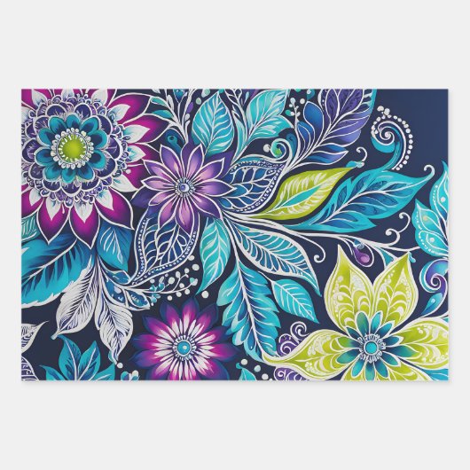 Kleurrijke Bloemen Batik Art Wrapping Paper Sheets (Voorkant 2)