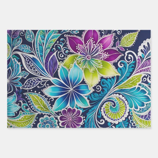 Kleurrijke Bloemen Batik Art Wrapping Paper Sheets (Voorkant)
