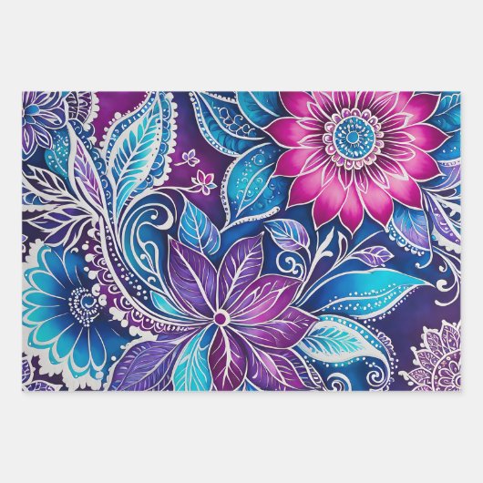 Kleurrijke Bloemen Batik Art Wrapping Paper Sheets (Voorkant 3)