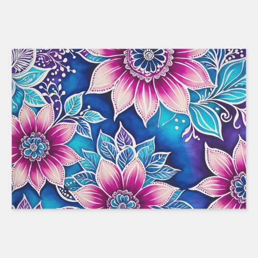 Kleurrijke Bloemen Batik Art Wrapping Paper Sheets (Voorkant 2)