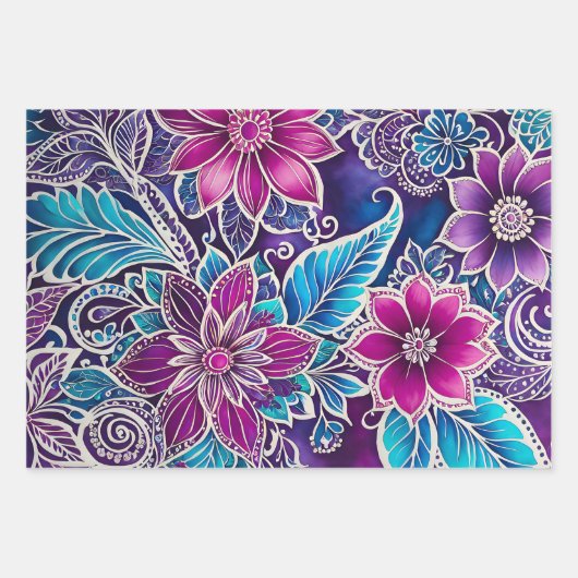 Kleurrijke Bloemen Batik Art Wrapping Paper Sheets (Voorkant)
