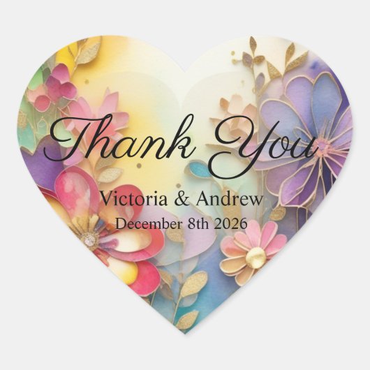 Kleurrijke bloemen bedankstickers hart sticker (Voorkant)