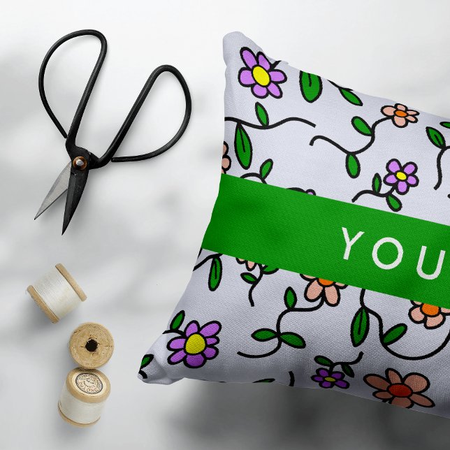 Kleurrijke bloemen, blauwe achtergrond, groen accent kussen (Creator heeft geüpload)