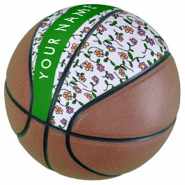 Kleurrijke bloemen, blauwe achtergrond, groen basketbal