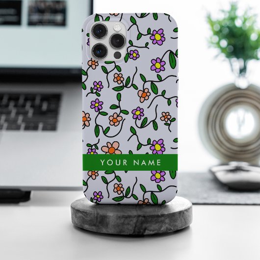 Kleurrijke bloemen, blauwe achtergrond, groen Case-Mate iPhone case