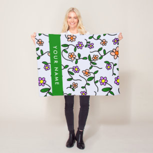 Kleurrijke Bloemen, Blauwe Achtergrond, Groen Fleece Deken