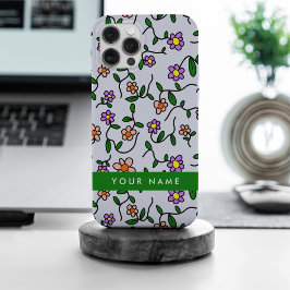 Kleurrijke bloemen, blauwe achtergrond, groen iPhone 15 pro max case