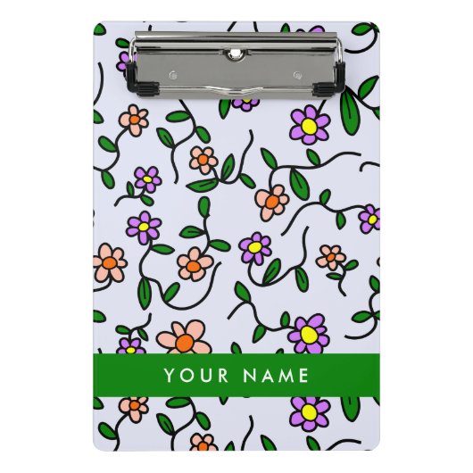 Kleurrijke bloemen, blauwe achtergrond, groen mini klembord (Voorkant)