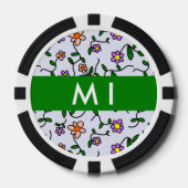 Kleurrijke bloemen, blauwe achtergrond, groen poker chips (Voorkant)