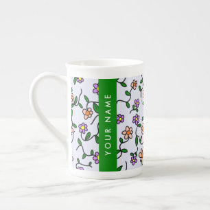Kleurrijke Bloemen, Blauwe Achtergrond, Groen Porselein Kop