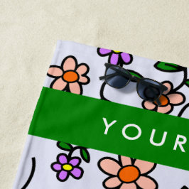 Kleurrijke bloemen, blauwe achtergrond, groen strandlaken