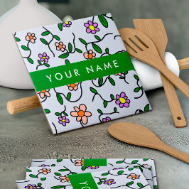 Kleurrijke bloemen, blauwe achtergrond, groen tegeltje