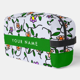 Kleurrijke bloemen, blauwe achtergrond, groen toilettasje