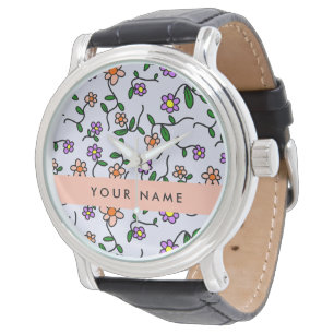 Kleurrijke Bloemen, Blauwe Achtergrond, Oranje Horloge