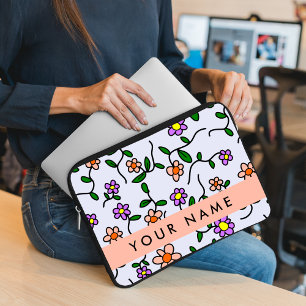 Kleurrijke Bloemen, Blauwe Achtergrond, Oranje Laptop Sleeve