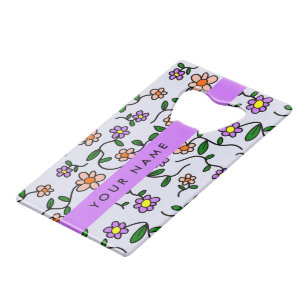 Kleurrijke Bloemen, Blauwe Achtergrond, Paars Creditkaart Flessenopener