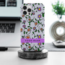 Kleurrijke bloemen, blauwe achtergrond, Paarse iPhone 15 Pro Max Case