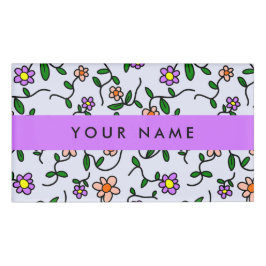 Kleurrijke bloemen, blauwe achtergrond, Paarse Naambadge