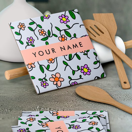 Kleurrijke bloemen, blauwe achtergrond, Sinaasappe Tegeltje