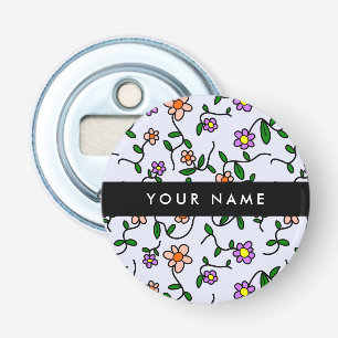 Kleurrijke Bloemen, Blauwe Achtergrond, Zwart Button Flesopener