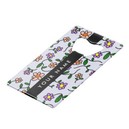 Kleurrijke bloemen, blauwe achtergrond, zwart creditkaart flessenopener