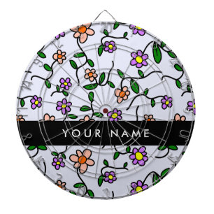 Kleurrijke bloemen, blauwe achtergrond, zwart dartbord