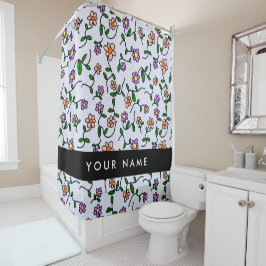 Kleurrijke bloemen, blauwe achtergrond, zwart douchegordijn