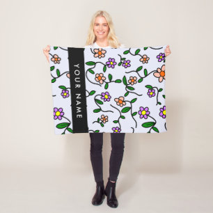 Kleurrijke Bloemen, Blauwe Achtergrond, Zwart Fleece Deken