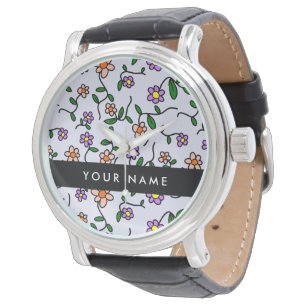Kleurrijke Bloemen, Blauwe Achtergrond, Zwart Horloge