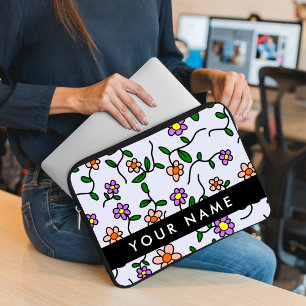 Kleurrijke Bloemen, Blauwe Achtergrond, Zwart Laptop Sleeve