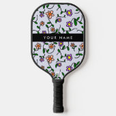 Kleurrijke bloemen, blauwe achtergrond, zwart pickleball paddle (Voorkant)