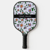 Kleurrijke bloemen, blauwe achtergrond, zwart pickleball paddle (Achterkant)