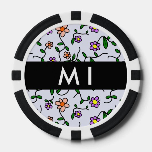 Kleurrijke bloemen, blauwe achtergrond, zwart poker chips (Voorkant)