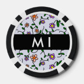 Kleurrijke bloemen, blauwe achtergrond, zwart poker chips (Achterkant)