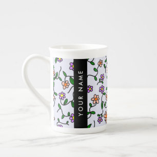 Kleurrijke Bloemen, Blauwe Achtergrond, Zwart Porselein Kop