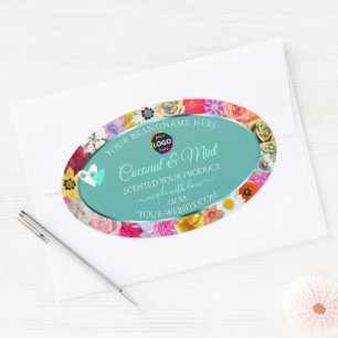 Kleurrijke bloemen Blauwgroen productlabels Harten Ovale Sticker