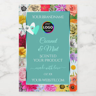 Kleurrijke bloemen Blauwgroen productlabels Harten Voedselcontainer Etiket