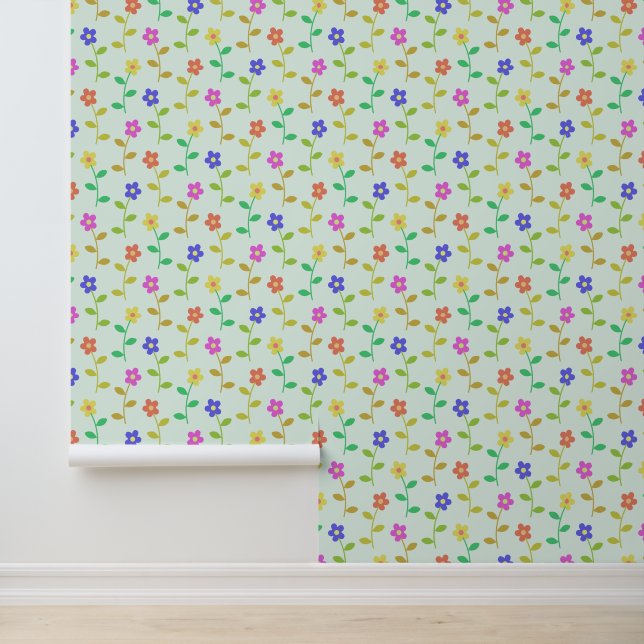 Kleurrijke bloemen, bloemmotief, groen, boho behang (Applicatie)