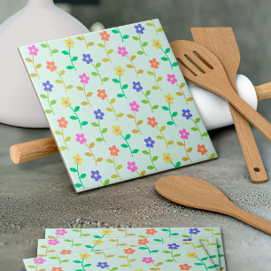 Kleurrijke bloemen, bloemmotief, groen, boho tegeltje