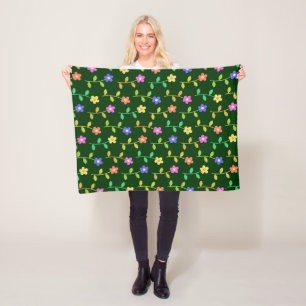 Kleurrijke Bloemen, Bloemmotief, Groene Bladeren,  Fleece Deken