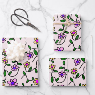 Kleurrijke Bloemen, Bloemmotief, Groene Bladeren,  Inpakpapier Vel