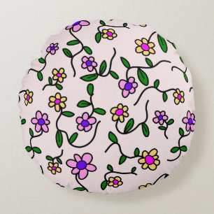 Kleurrijke Bloemen, Bloemmotief, Groene Bladeren, Rond Kussen