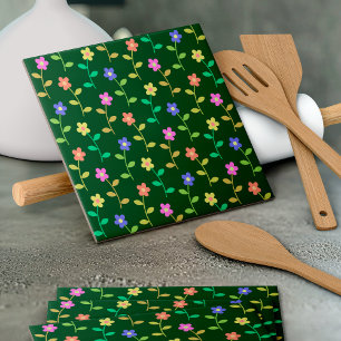 Kleurrijke Bloemen, Bloemmotief, Groene Elementen, Tegeltje