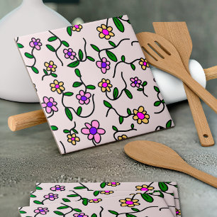 Kleurrijke Bloemen, Bloemmotief, Groene Elementen, Tegeltje