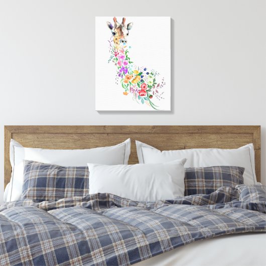 Kleurrijke Bloemen Boeket Giraffe Canvas Print (Insitu (Slaapkamer))