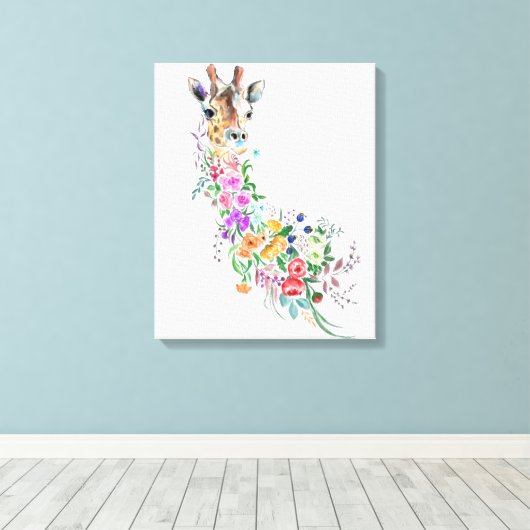 Kleurrijke Bloemen Boeket Giraffe Canvas Print (Insitu (Houten vloer))