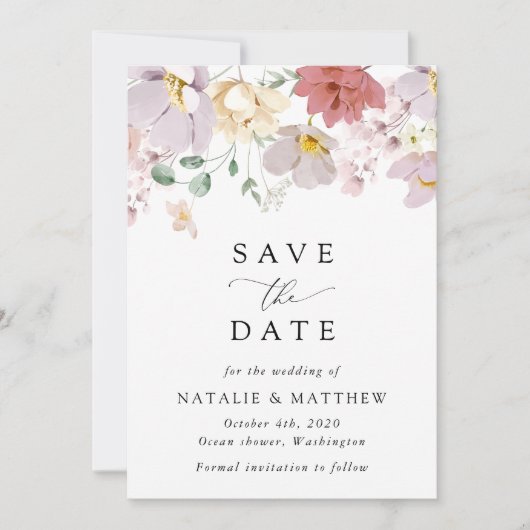 Kleurrijke bloemen, boho, bruiloft save the date (Voorkant)
