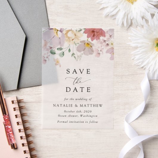 Kleurrijke bloemen, boho, bruiloft save the date vellum uitnodigingen (Huwelijk)