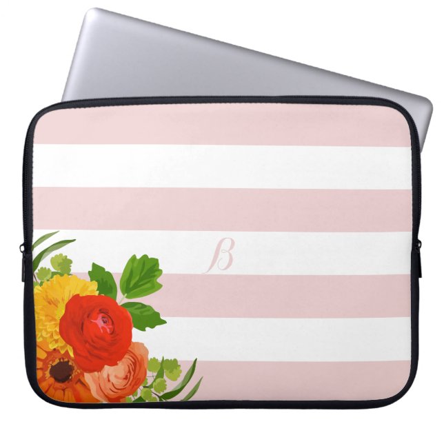 Kleurrijke bloemen boven witte en roze strepen laptop sleeve (Voorkant)