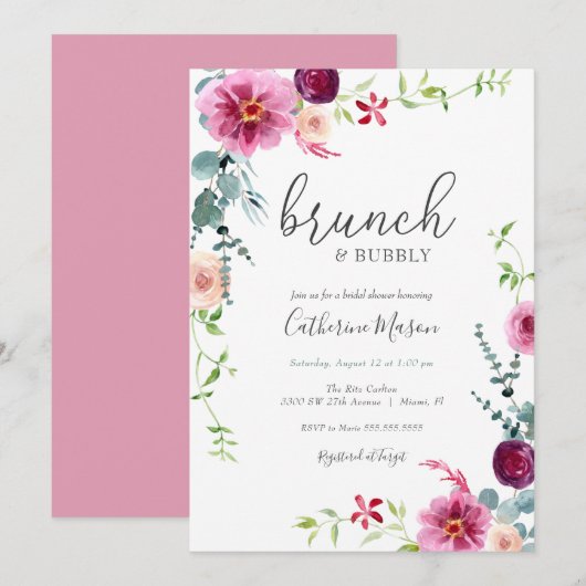 Kleurrijke Bloemen Brunch en Bubbly Vrijgezellenfe Kaart (Voorkant / Achterkant)